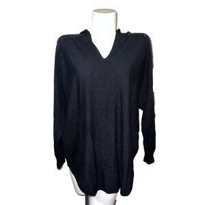 LIV Black V-Neck Hooded Sweater Studded Shoulder Sleeve Detail Women Size 1X